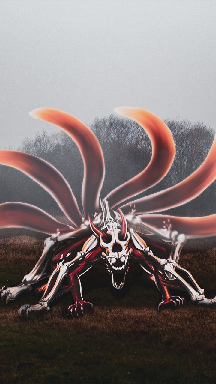 Phone wallpaper, anime/Naruto: skeletal Nine-Tails (Kurama) with nine glowing red tails crouched in a misty field, snarling with exposed bone and armor-like markings.