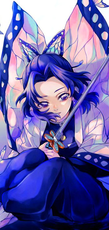 Phone wallpaper of Shinobu Kochou from the anime Demon Slayer: Kimetsu no Yaiba — stylized portrait with butterfly wings, purple-blue palette, and her sword.