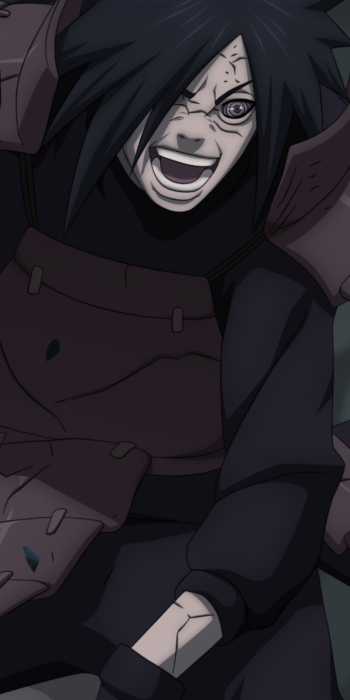 Phone wallpaper of Madara Uchiha (Naruto) — anime close-up: scarred face, activated Sharingan, wide grin, dark armor, intense expression in a dramatic vertical composition.