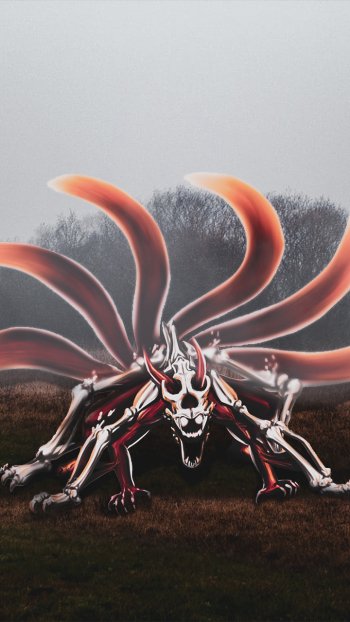 Phone wallpaper, anime/Naruto: skeletal Nine-Tails (Kurama) with nine glowing red tails crouched in a misty field, snarling with exposed bone and armor-like markings.
