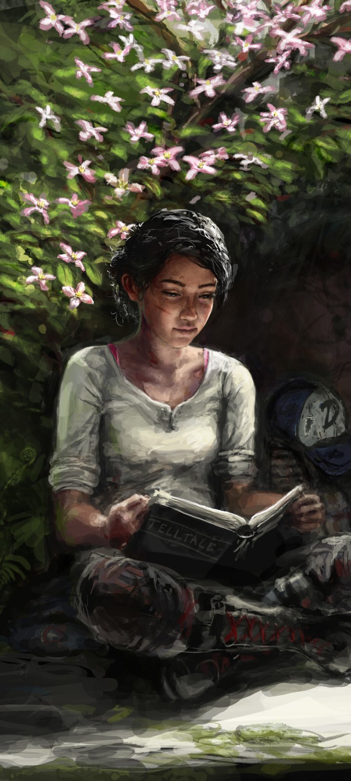 Phone wallpaper of Clementine (The Walking Dead: The Final Season) from the video game, seated beneath flowering branches reading a book.