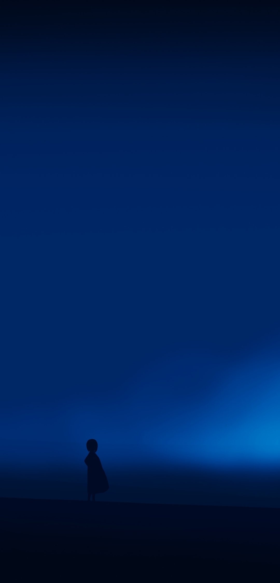 Phone wallpaper featuring a lone anime girl silhouette against a vast deep-blue gradient, evoking a calm, solitary night atmosphere.