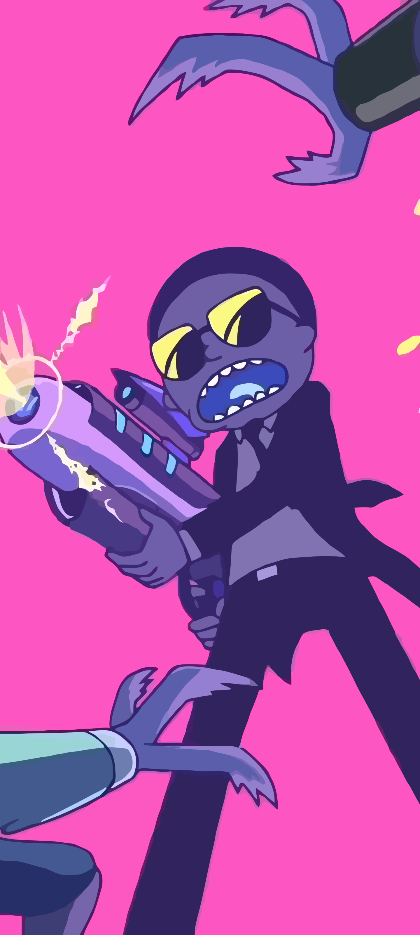 Phone wallpaper: Morty Smith (Rick and Morty) in Run the Jewels–style black suit and shades, snarling as he fires a glowing sci‑fi gun against a hot pink background.