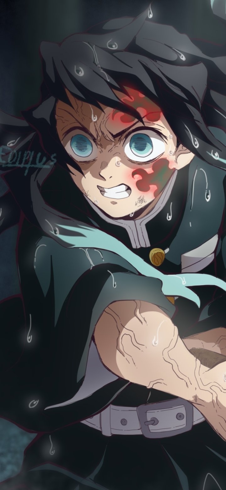 Muichiro Tokito from Demon Slayer: Kimetsu no Yaiba depicted in intense action, designed as a dynamic phone wallpaper for iPhone and Android devices.