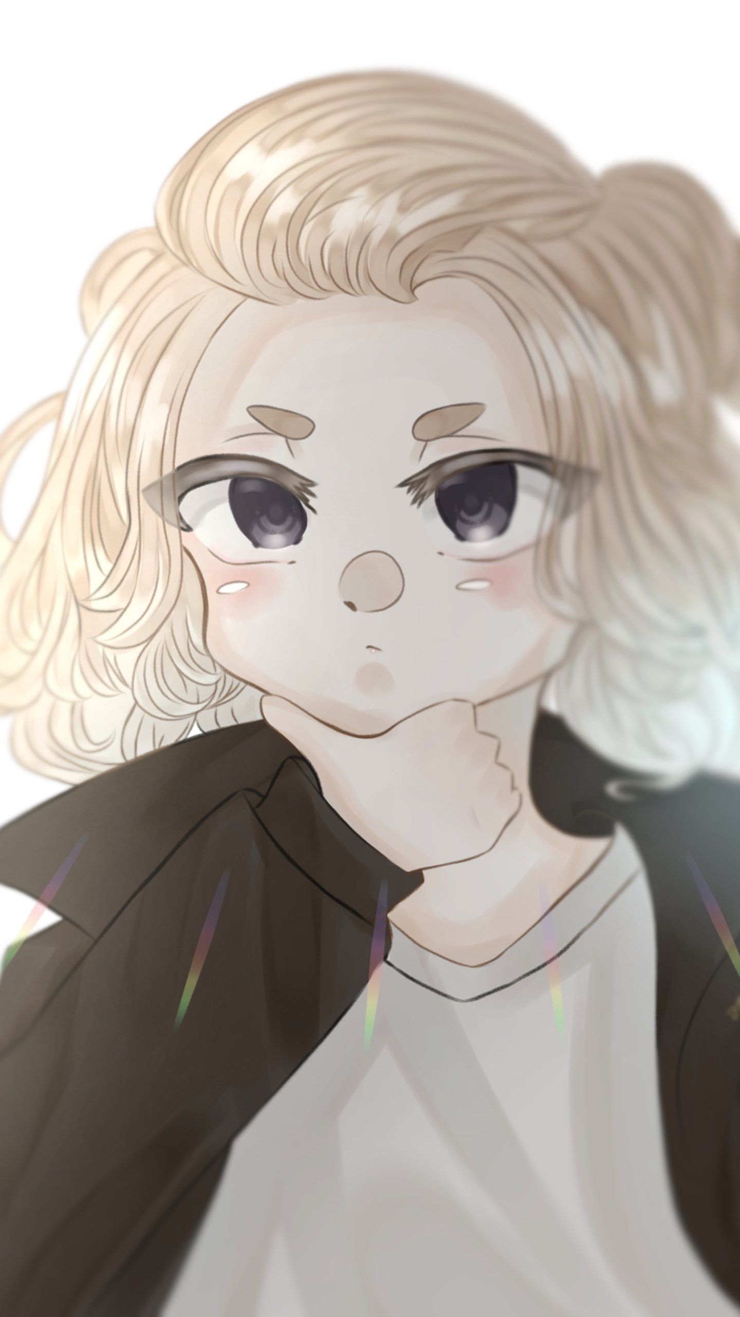 Phone wallpaper of Mikey (Manjiro Sano) from Tokyo Revengers — soft-lit anime portrait with tousled blond hair, thoughtful gaze, hand under chin, wearing a black jacket.