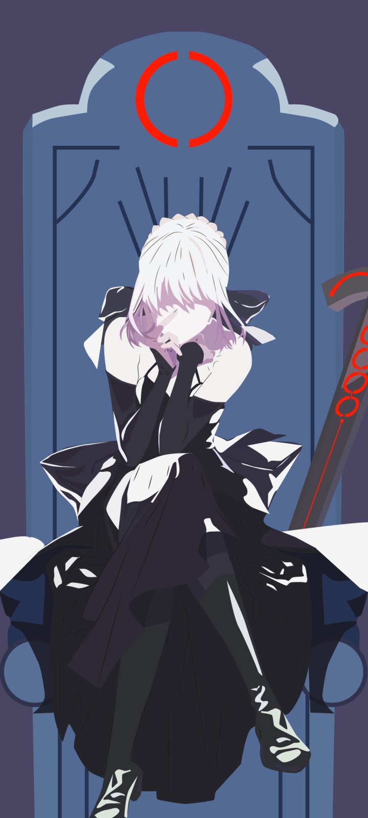 Anime phone wallpaper of Saber Alter / Artoria Pendragon (Saber, Fate series) from Fate/Grand Order — seated on a throne in a black dress, head bowed, sword at her side.