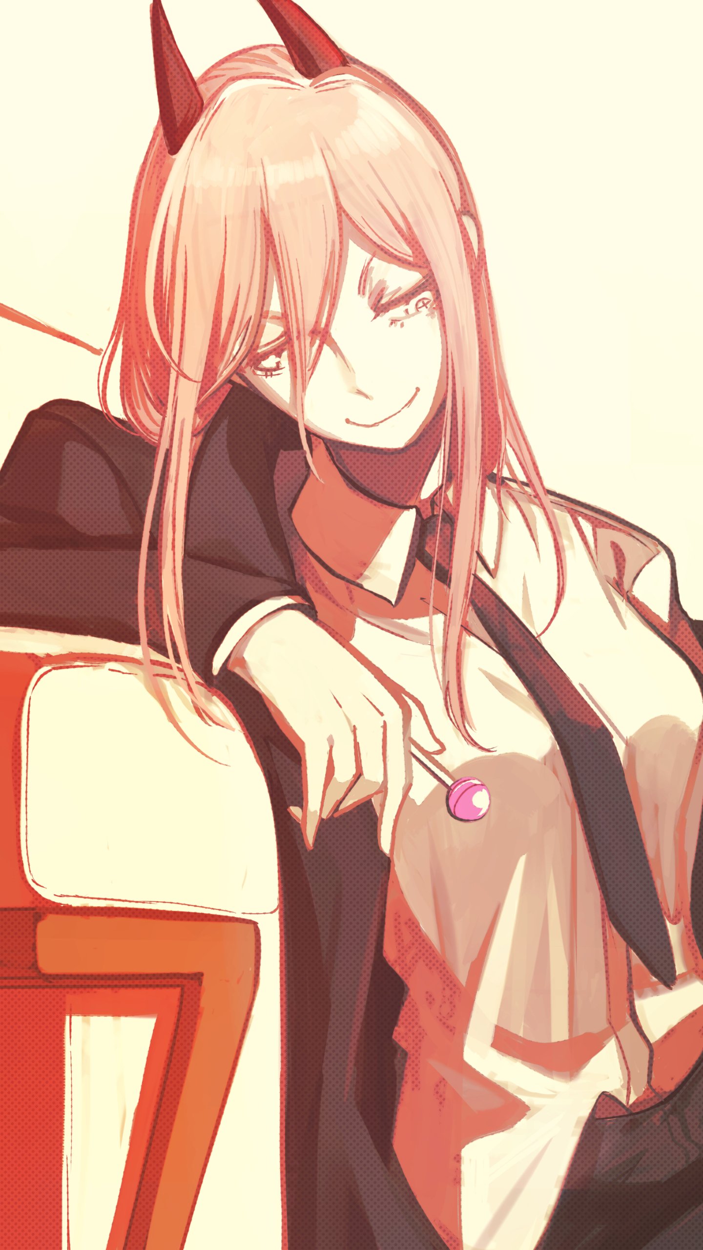 Phone wallpaper of Power from Chainsaw Man: relaxed, smirking with long pink hair and small horns, draped over a chair in warm red-orange tones, anime style.