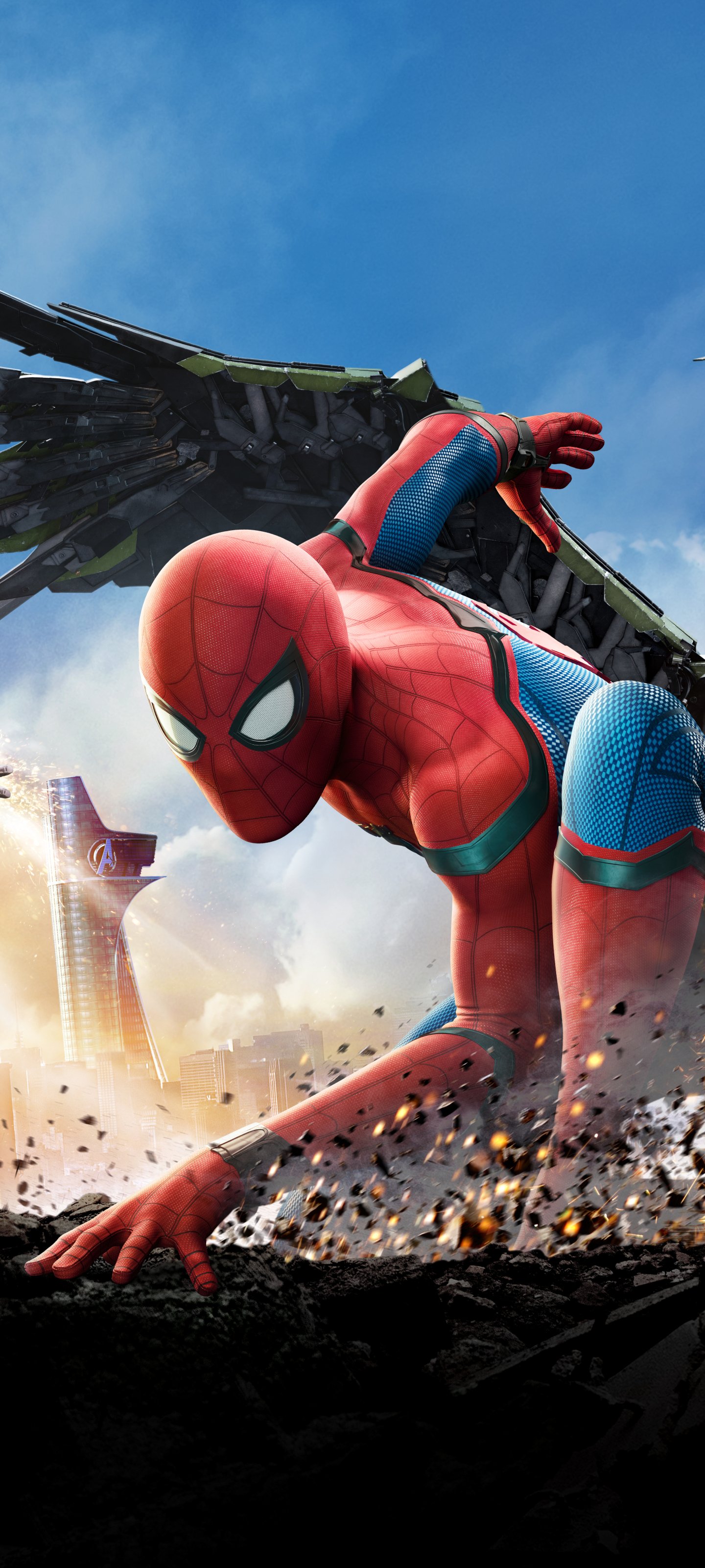 Phone wallpaper featuring Spider-Man from the movie Spider-Man: Homecoming, crouched on rubble with Vulture wings looming and a city skyline beneath a bright blue sky.