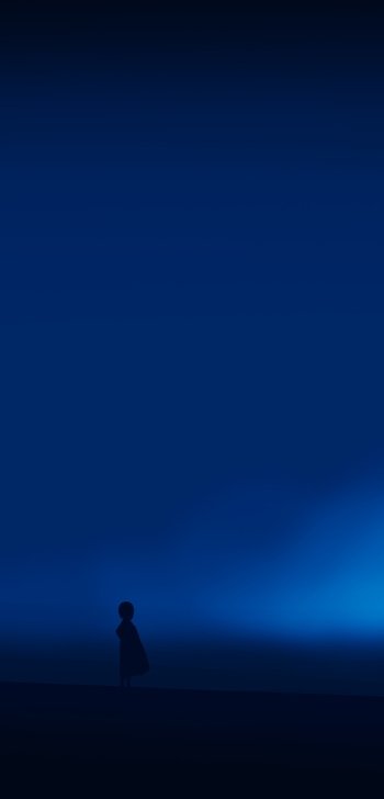Phone wallpaper featuring a lone anime girl silhouette against a vast deep-blue gradient, evoking a calm, solitary night atmosphere.