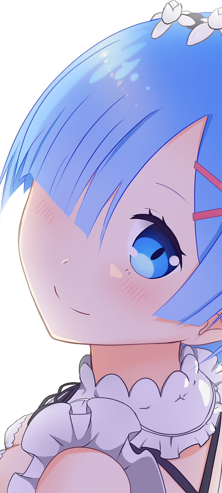 Close-up vertical phone wallpaper of Rem (Re:Zero): blue-haired maid with a gentle smile, rosy blush and sparkling eye, formatted for iPhone and Android screens.