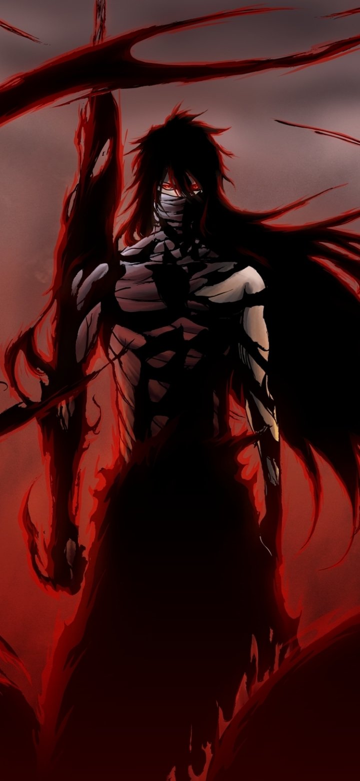 Phone wallpaper of Ichigo Kurosaki (Bleach): dark, blood-red aura, hollow-mask fragments, tattered black-and-red cloak and a menacing silhouette.