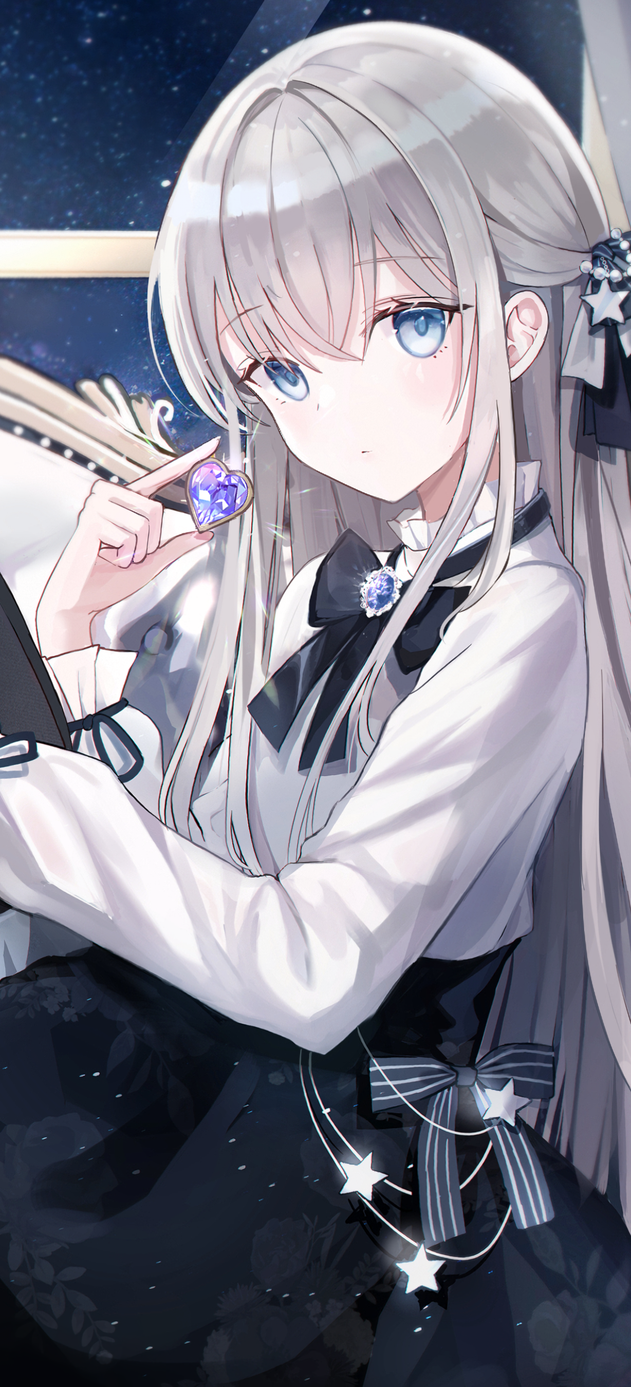 Anime girl with long grey hair and blue eyes, in a black-and-white outfit, holding a glowing purple gem against a starry night background — phone wallpaper.