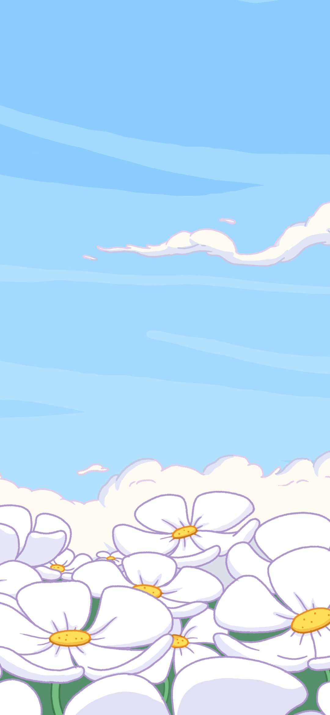 Adventure Time TV show phone wallpaper: cartoon field of white daisies with yellow centers beneath a bright blue sky and wispy clouds.