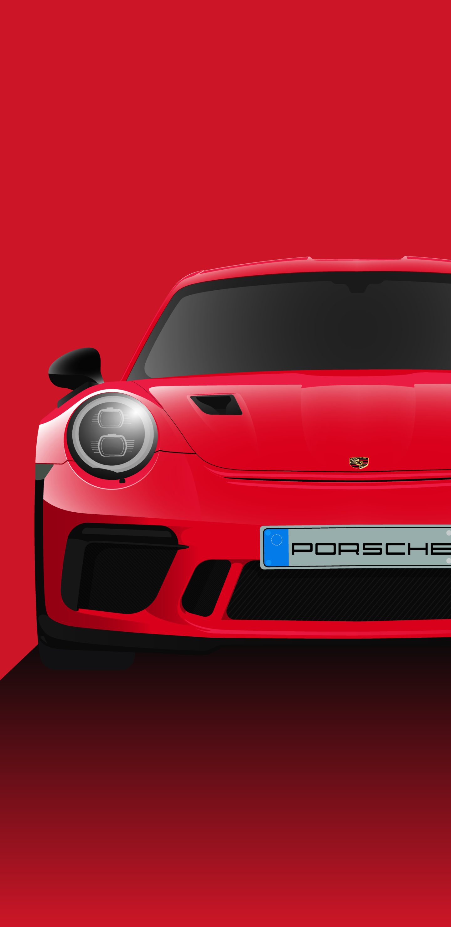 Phone wallpaper featuring the bold front view of a red Porsche vehicle set against a matching red backdrop.