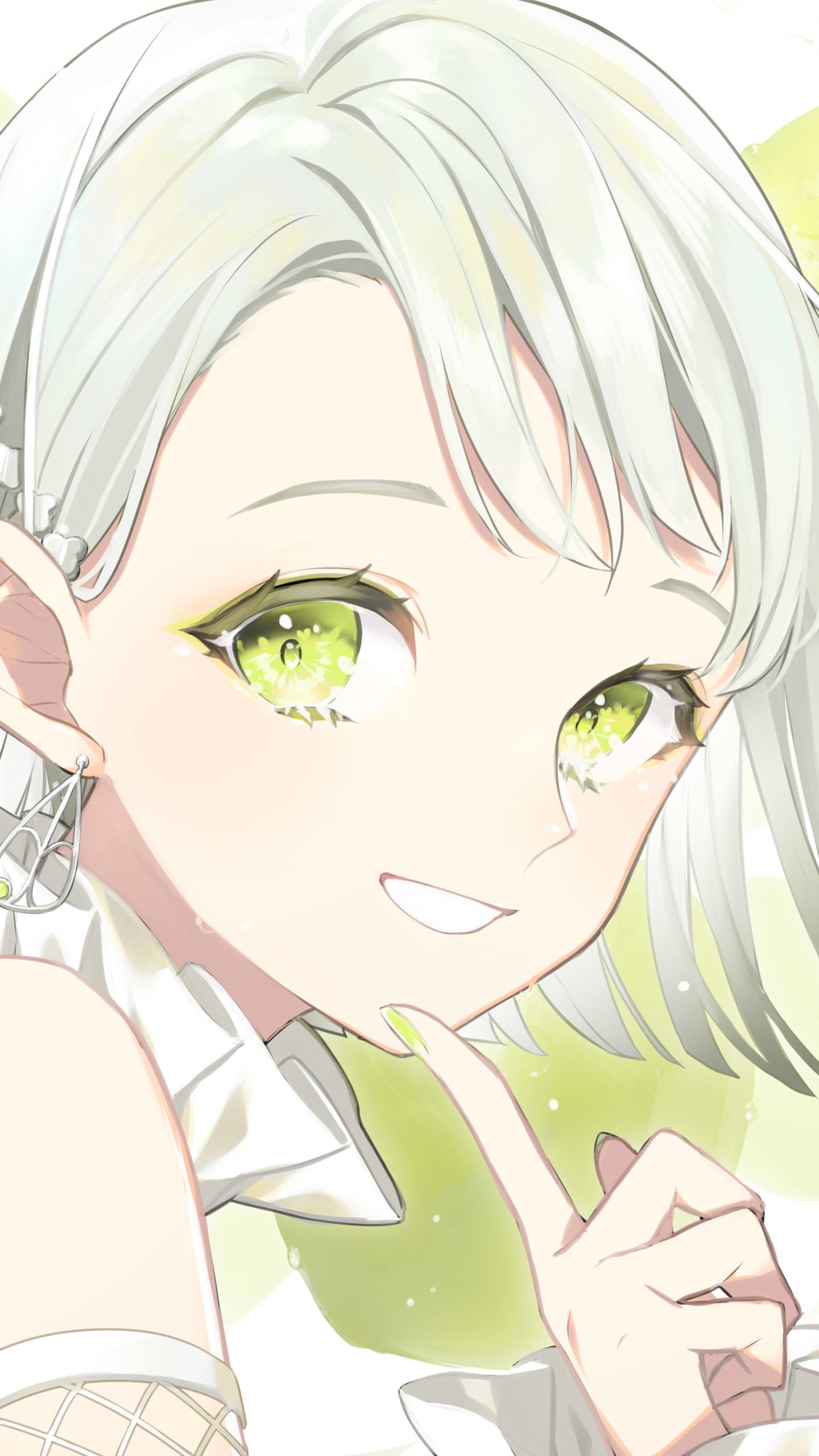 Download Earrings Lime Green Eyes White Hair Short Hair Anime Girl Anime Girl Phone Wallpaper