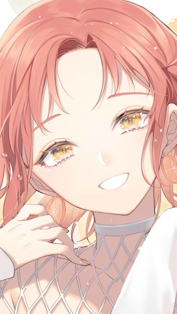 yellow eyes earrings orange (Fruit) red hair short hair Anime girl anime girl Phone Wallpaper