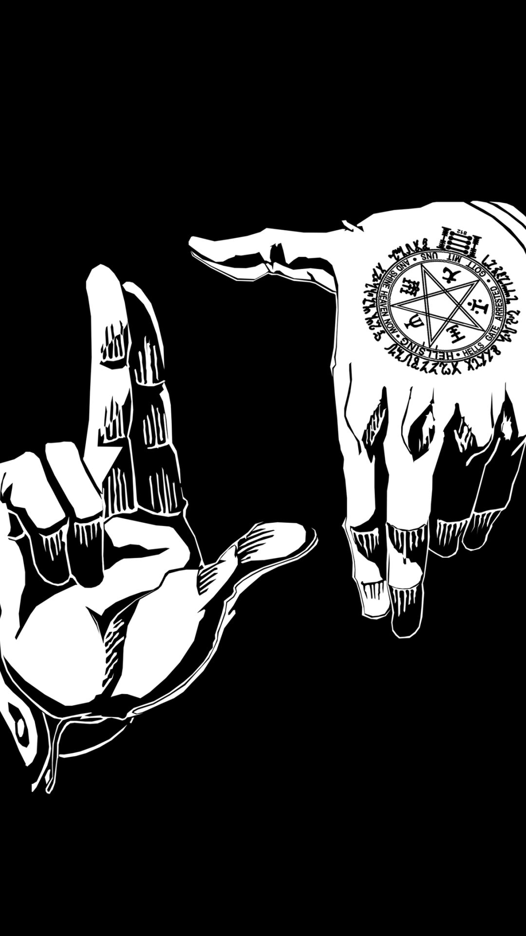 Black-and-white phone wallpaper (iPhone & Android) featuring Alucard (Hellsing) anime art: two stylized hands framing space, sigil stamped on the right palm.