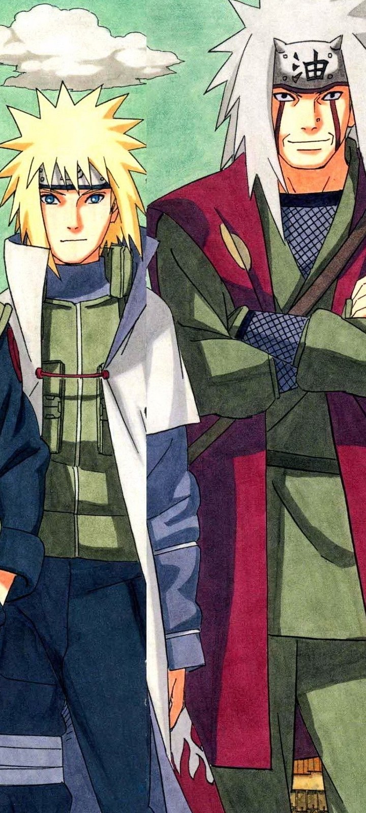 Phone wallpaper of Minato Namikaze and Jiraiya from Naruto, anime-style, standing side by side in their shinobi attire.