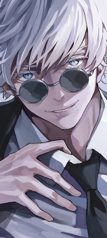 Portrait of Satoru Gojo from Jujutsu Kaisen with silver hair and sunglasses, designed as a vertical phone wallpaper for iPhone and Android devices.