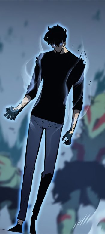 Sung Jin-Woo (Solo Leveling) anime phone wallpaper: shadowy tall figure with glowing aura and outstretched hand, dark silhouette against a blurred urban background — iPhone and Android.