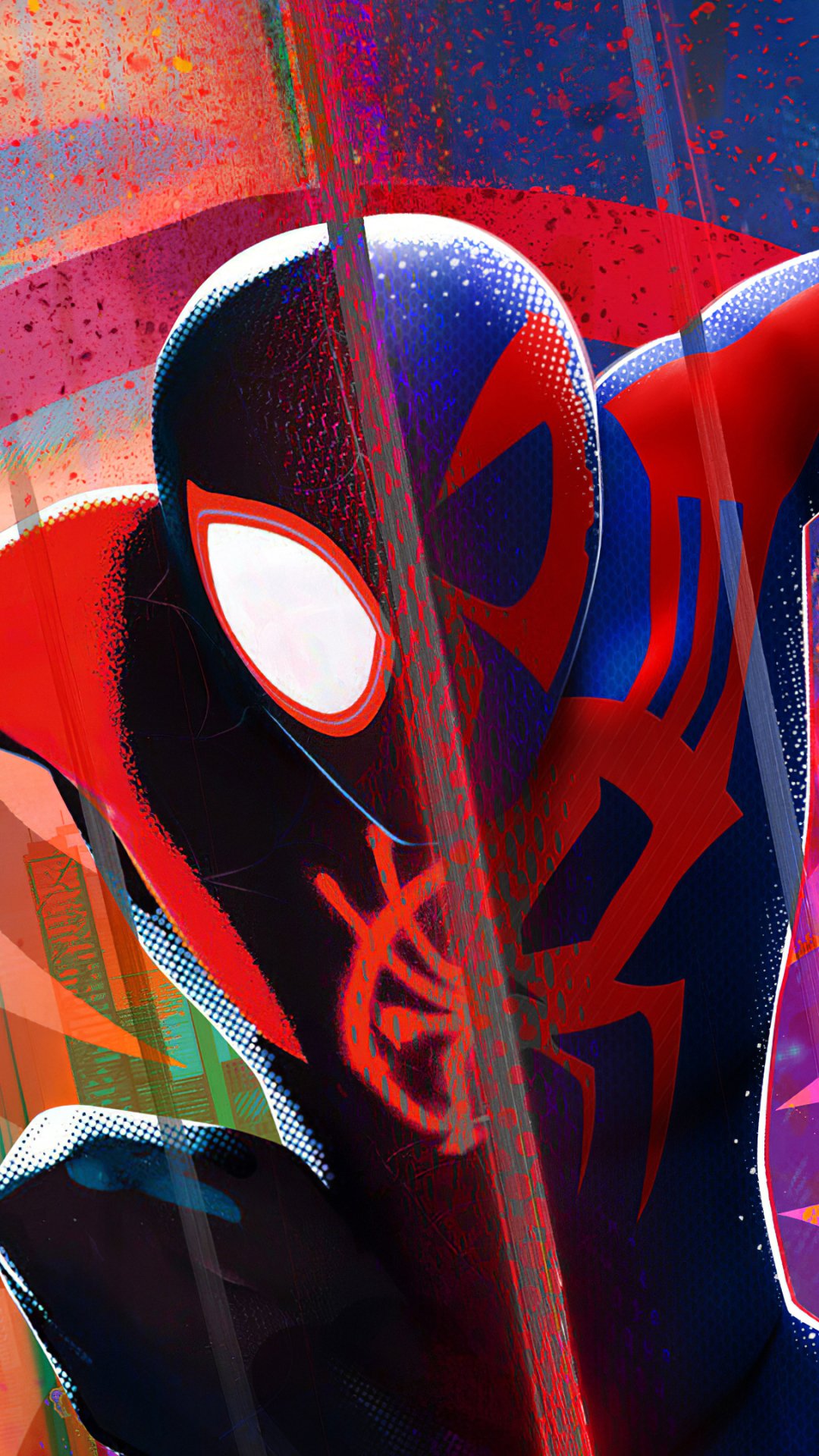 Phone wallpaper close-up of Miles Morales as Spider-Man wearing a Spider-Man 2099–style suit, vivid neon red and blue artwork from the movie Spider-Man: Into the Spider-Verse.