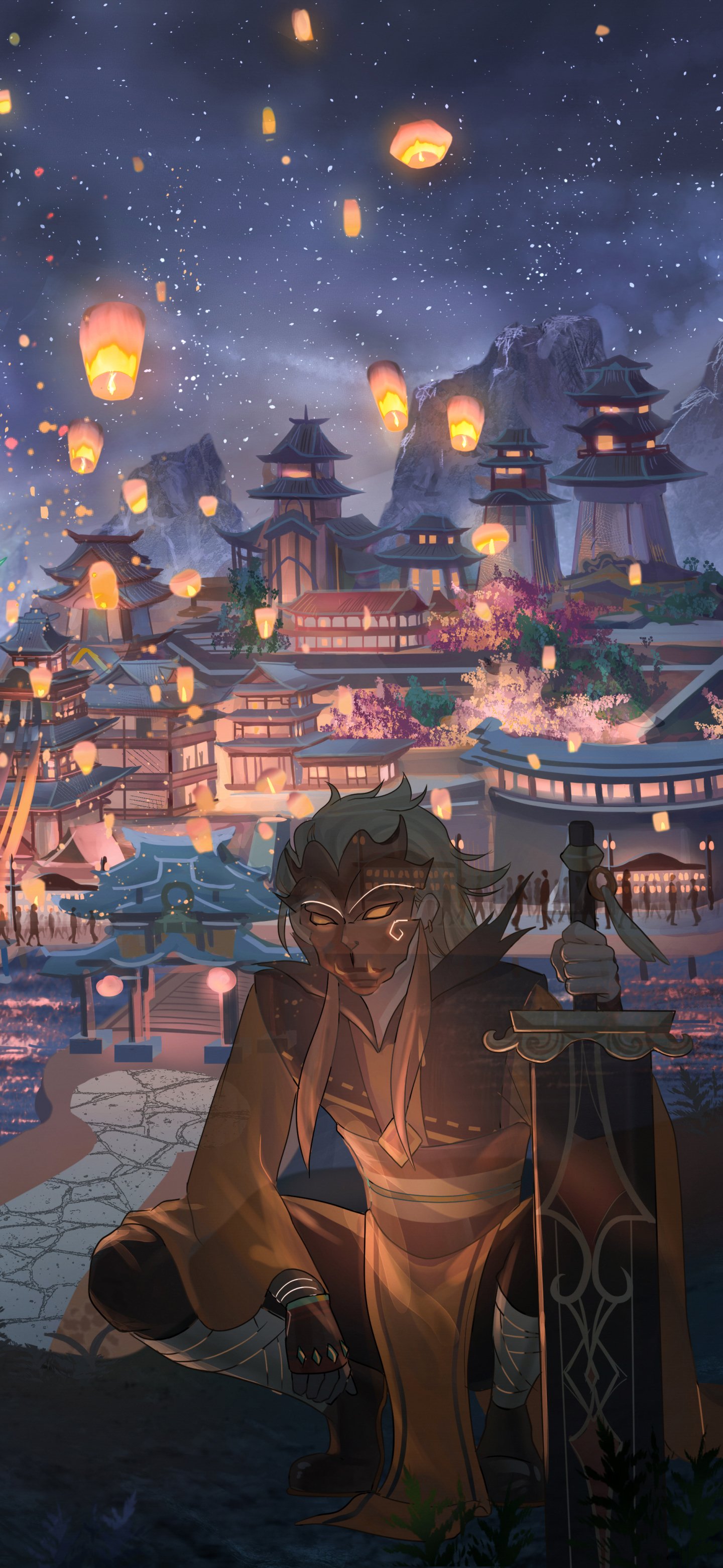 Phone wallpaper of Xiao (Genshin Impact) crouched on a pier at night, Liyue harbor and pagodas aglow as sky lanterns rise — video game artwork.