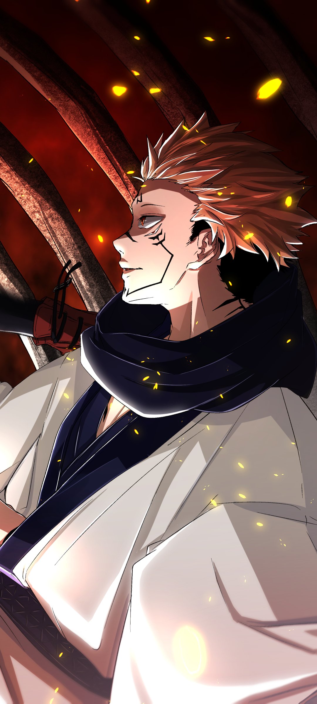Phone wallpaper of Sukuna (Jujutsu Kaisen): anime side profile in a white robe and dark scarf, fiery red-orange background with glowing embers and a menacing cursed aura.