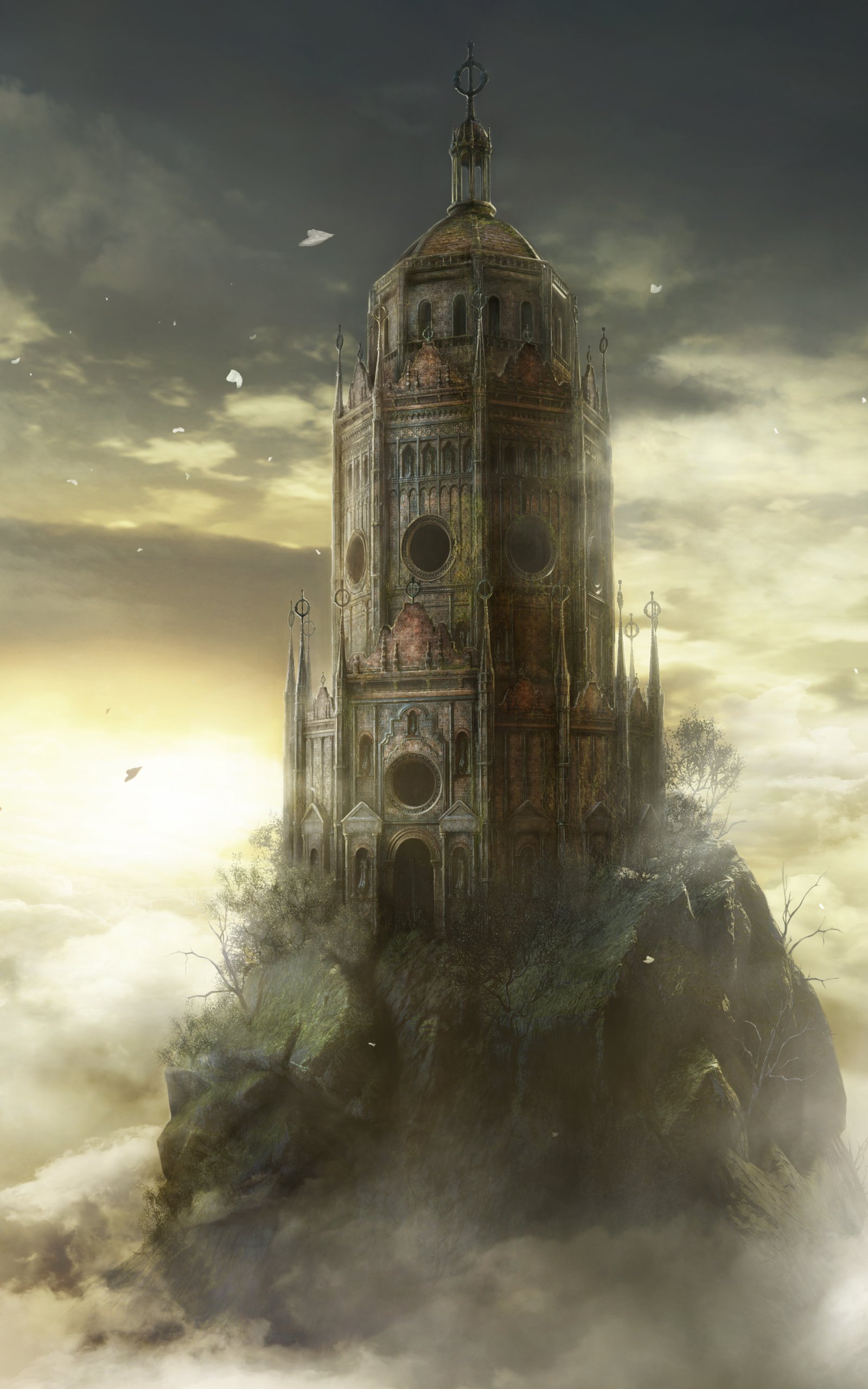 Dark Souls III phone wallpaper: a lone, weathered tower perched on a jagged spire rising through swirling clouds beneath a brooding, twilight sky.