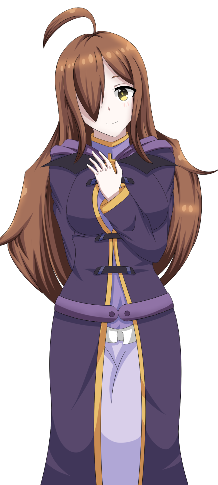 Anime phone wallpaper from KonoSuba — God’s blessing on this wonderful world!!: long-haired female mage in purple robes, hand to chest, gentle smile on a white background.