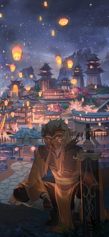Phone wallpaper of Xiao (Genshin Impact) crouched on a pier at night, Liyue harbor and pagodas aglow as sky lanterns rise — video game artwork.