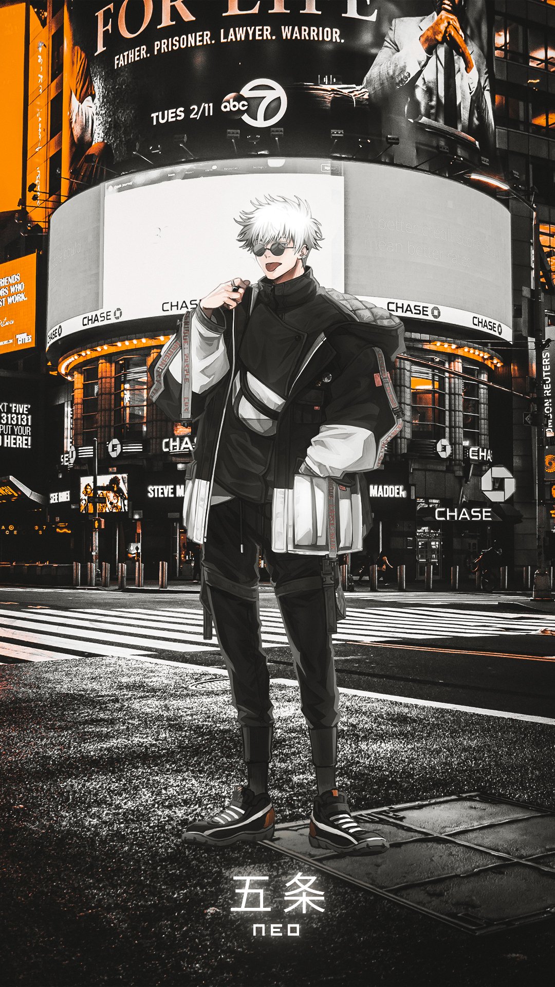 Phone wallpaper featuring Satoru Gojo from Jujutsu Kaisen standing confidently in a city street scene, designed for both iPhone and Android displays.