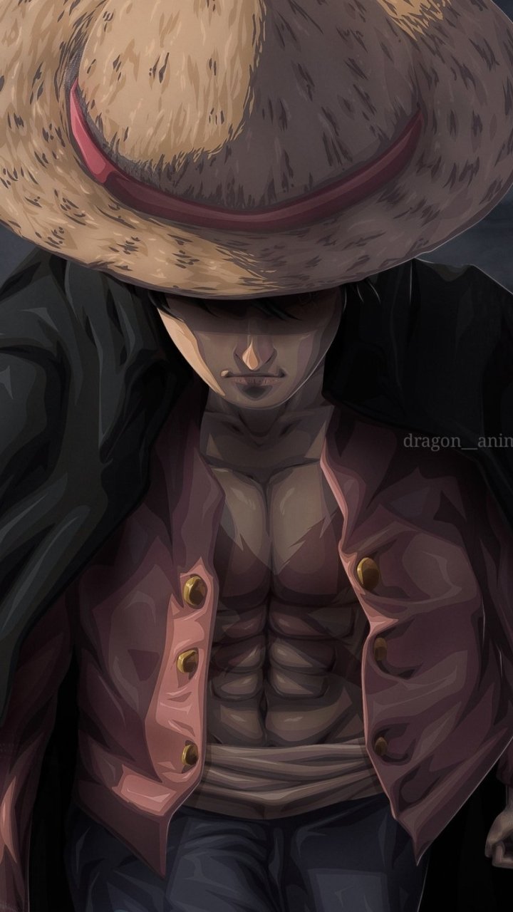 Phone wallpaper of One Piece's Monkey D. Luffy: shadowed close-up with his straw hat pulled low, unbuttoned jacket revealing scarred chest and abs, brooding stance against a dark background.