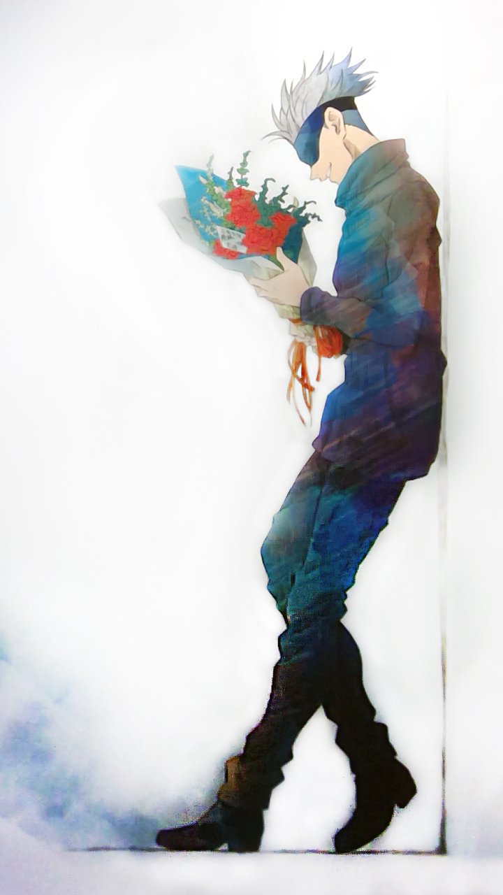 Phone wallpaper featuring Satoru Gojo from Jujutsu Kaisen holding a bouquet, designed for iPhone and Android screens with a minimalist white background.
