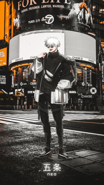 Phone wallpaper featuring Satoru Gojo from Jujutsu Kaisen standing confidently in a city street scene, designed for both iPhone and Android displays.