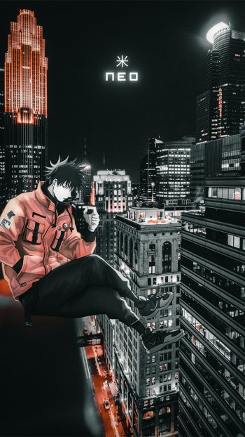 Phone wallpaper of Megumi Fushiguro from Jujutsu Kaisen in drip streetwear, sitting on a rooftop above a neon-lit anime city skyline at night.