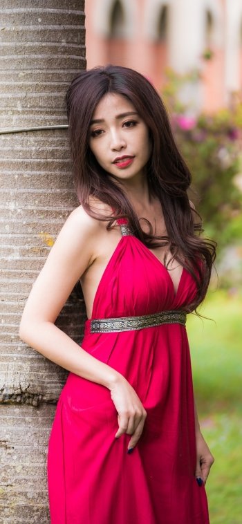 brunette red dress model woman asian Phone Wallpaper