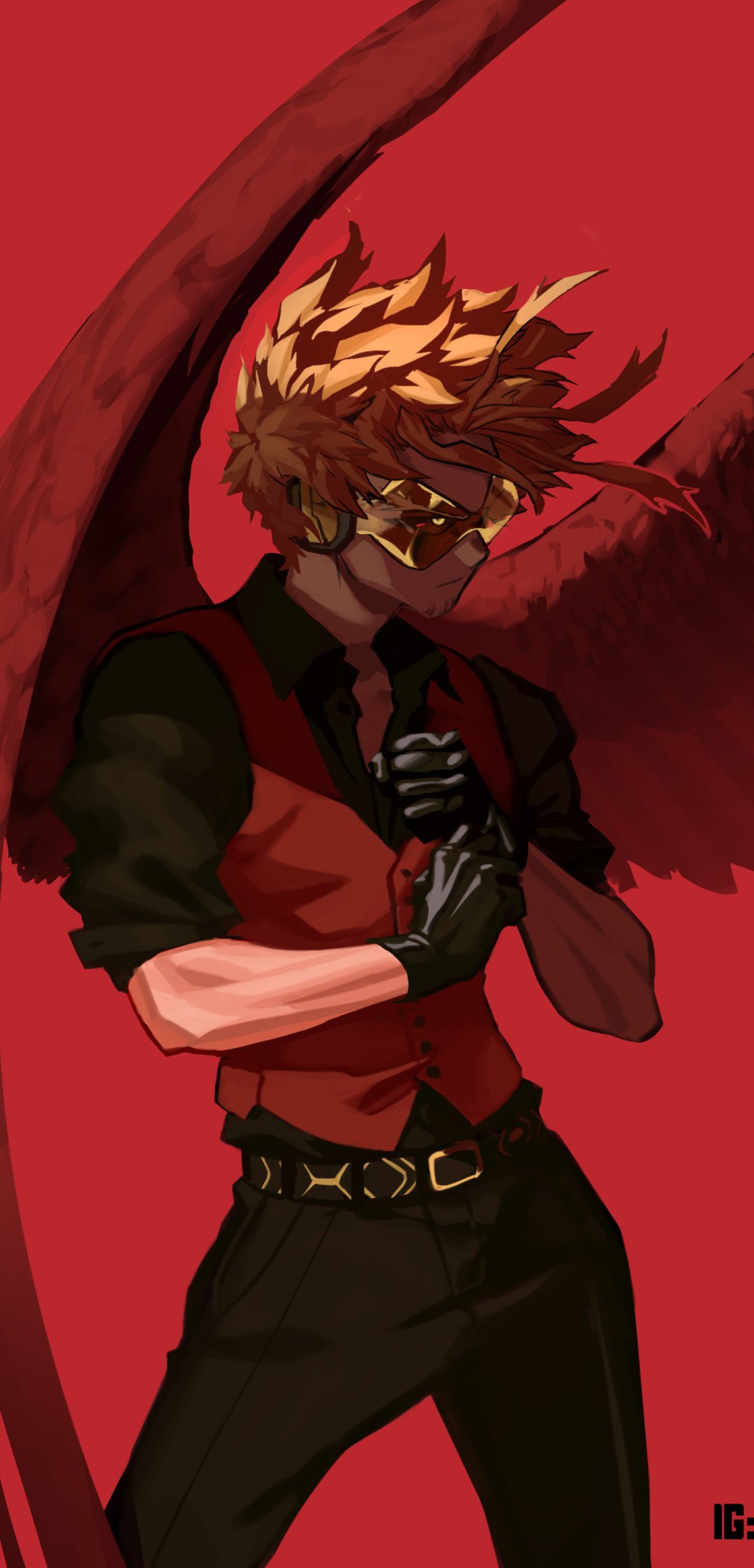Phone wallpaper of Hawks from Boku No Hero Academia (My Hero Academia): red backdrop, large wings, red vest and goggles, gloved hands clasped in a solemn side profile.