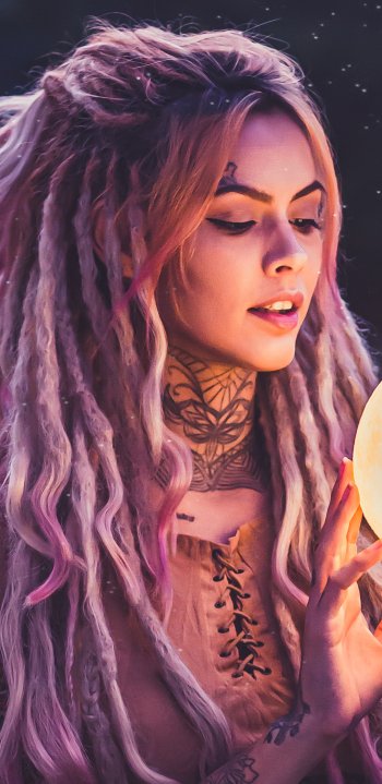 long hair pink hair manipulation tattoo moon woman model Phone Wallpaper