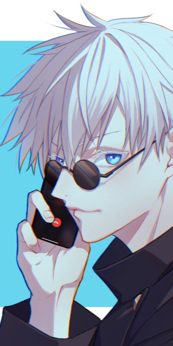Satoru Gojo from Jujutsu Kaisen holding a phone with sunglasses, designed as a vibrant anime phone wallpaper for iPhone and Android devices.