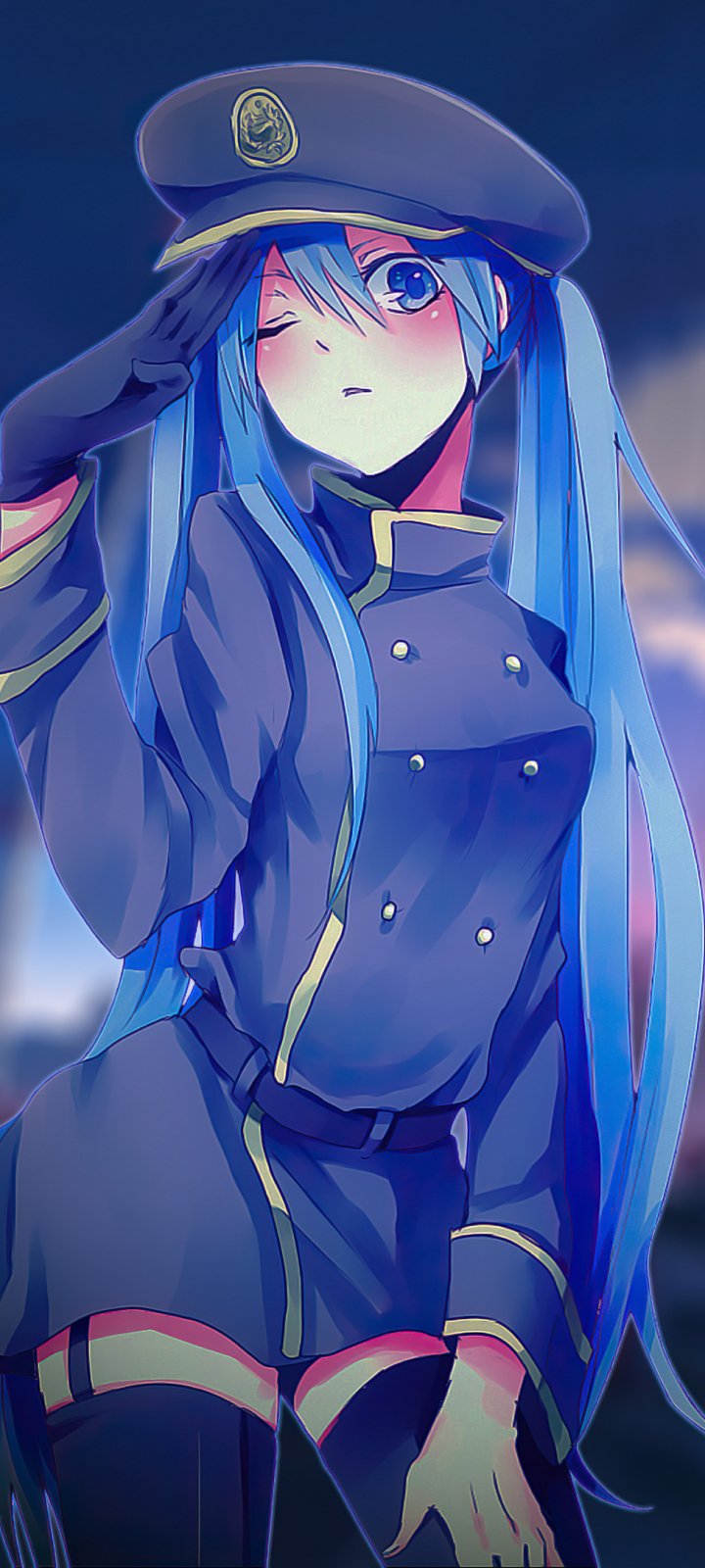 Original anime phone wallpaper of a long blue-haired, blue-eyed character in a military-style uniform and cap, winking and giving a casual salute.