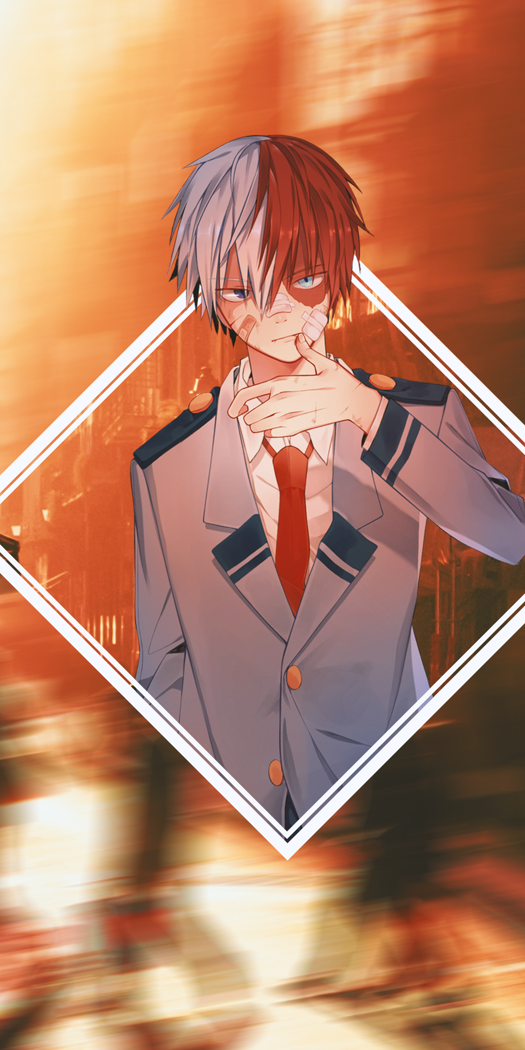 Phone wallpaper featuring Shoto Todoroki from My Hero Academia — UA uniform, half-red/half-white hair, hand to chin, glowing orange background framed by a bright diamond shape.