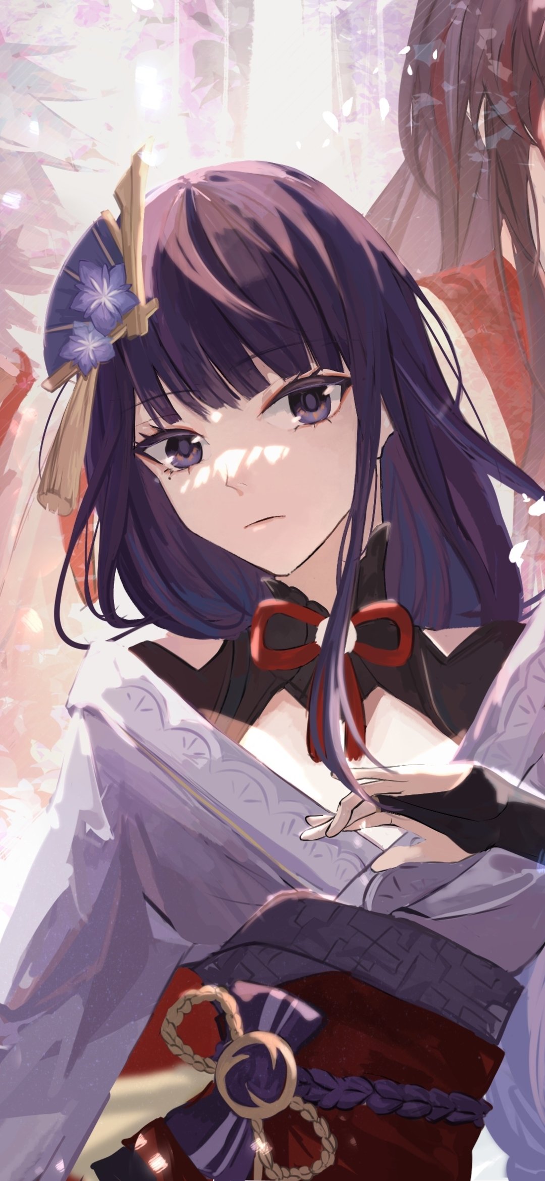 Phone wallpaper of Baal (Raiden Shogun) from the video game Genshin Impact — close-up portrait with violet hair, ceremonial garb and a calm, determined expression.