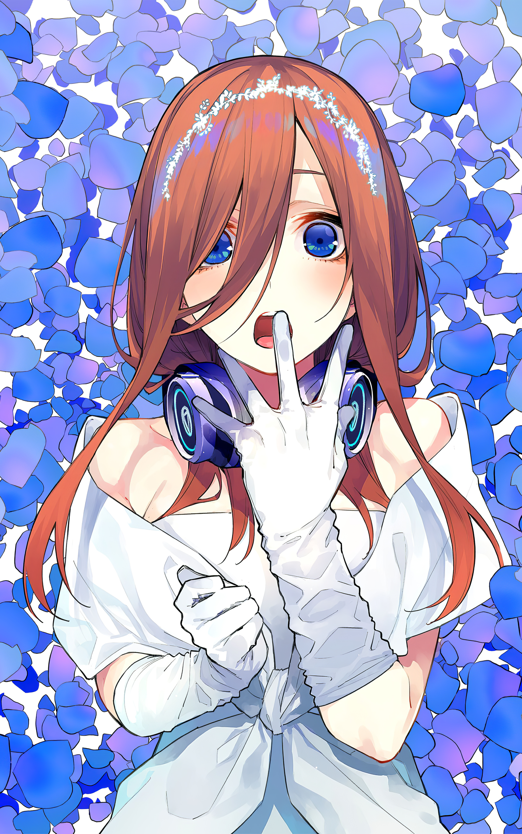 Wallpaper of Miku Nakano from The Quintessential Quintuplets: shy pose with finger to lips, long brown hair and floral headband, blue headphones, white gloves and dress against blue petals.
