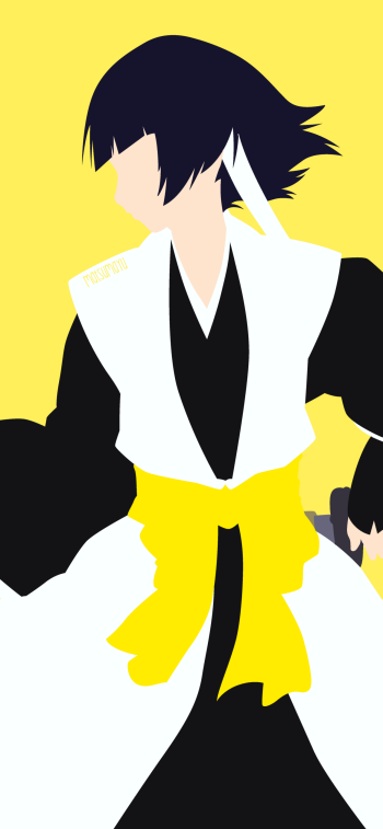 Minimalist phone wallpaper of Soifon (Bleach) from the anime Bleach — side-profile flat art: white haori, black shihakusho, yellow sash, holding her short blade against a bold yellow background.