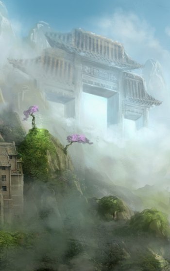 fog fantasy oriental gate Phone Wallpaper
