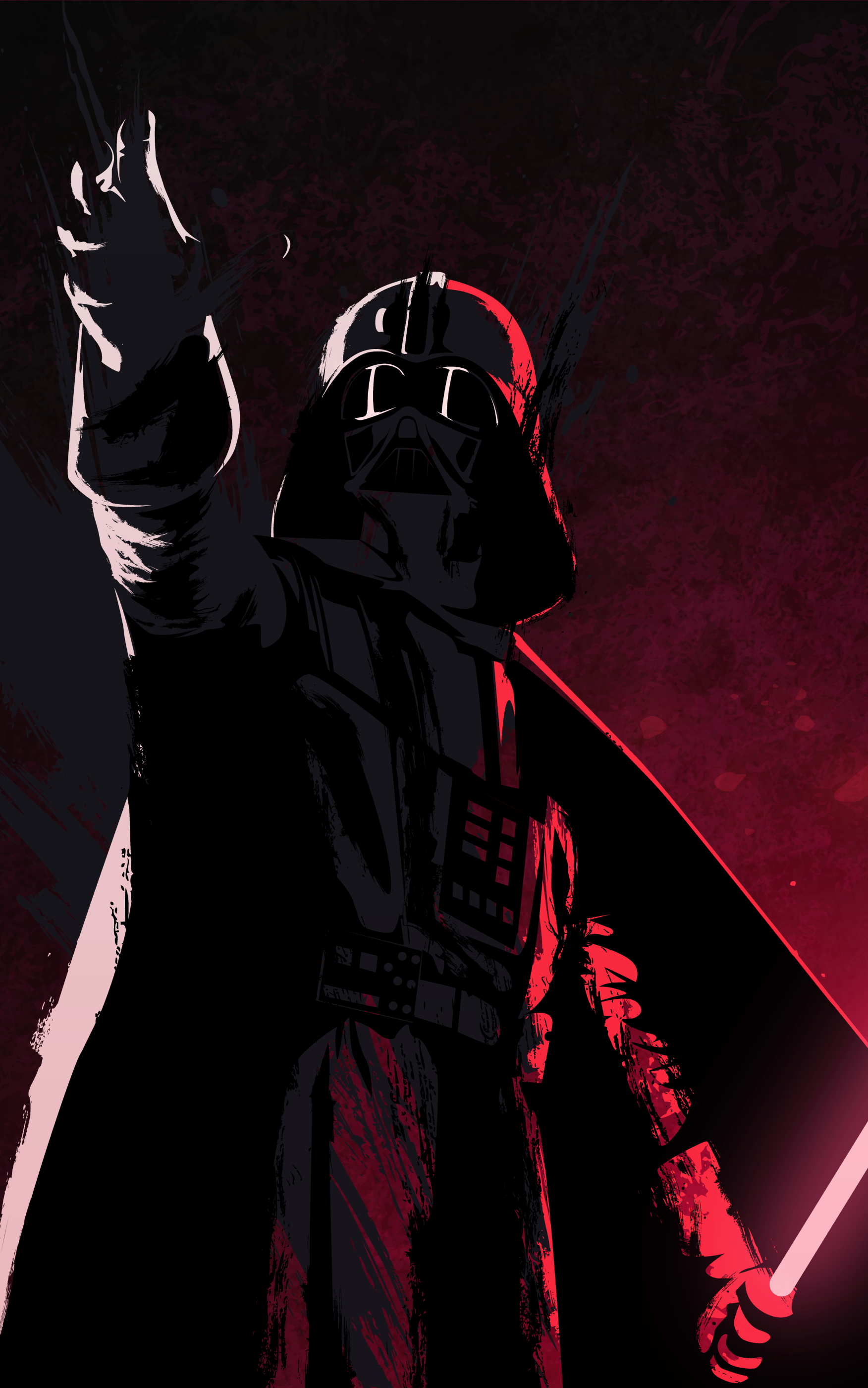 Phone wallpaper featuring Darth Vader from Star Wars in a dramatic sci‑fi pose, arm raised and red lightsaber glowing against a moody red‑black background.