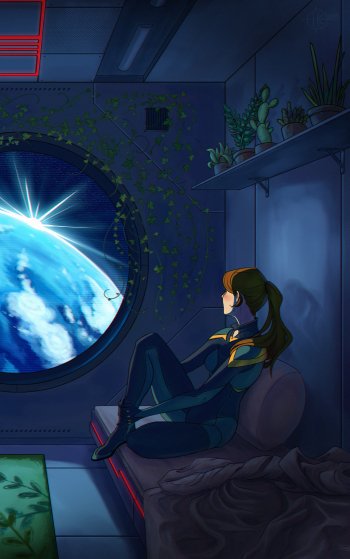Phone wallpaper: sci-fi scene of a woman in a space station, sitting by a round window gazing at a glowing blue planet, plants and soft lighting around her.