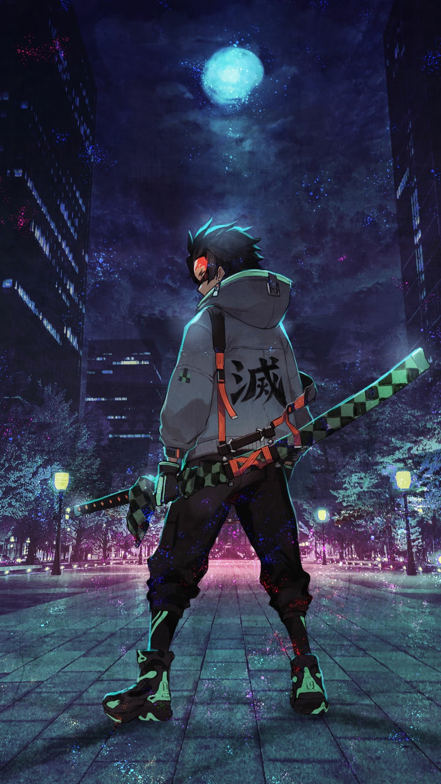 Phone wallpaper featuring Tanjiro Kamado (Demon Slayer: Kimetsu no Yaiba) standing in a neon-lit city at night, moon overhead, Nichirin sword on his back, dramatic anime pose.