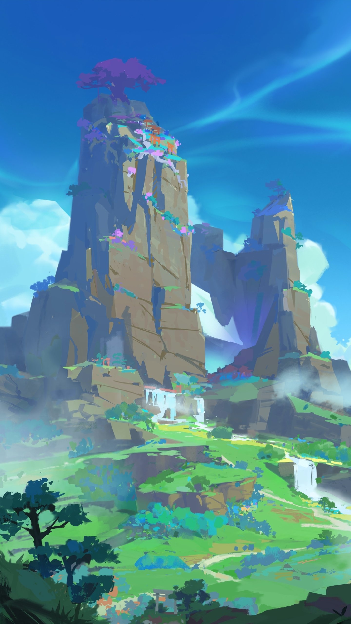Phone wallpaper of Inazuma from the video game Genshin Impact: towering rocky spires, lush green terraces and cascading waterfalls under a bright, clear blue sky.
