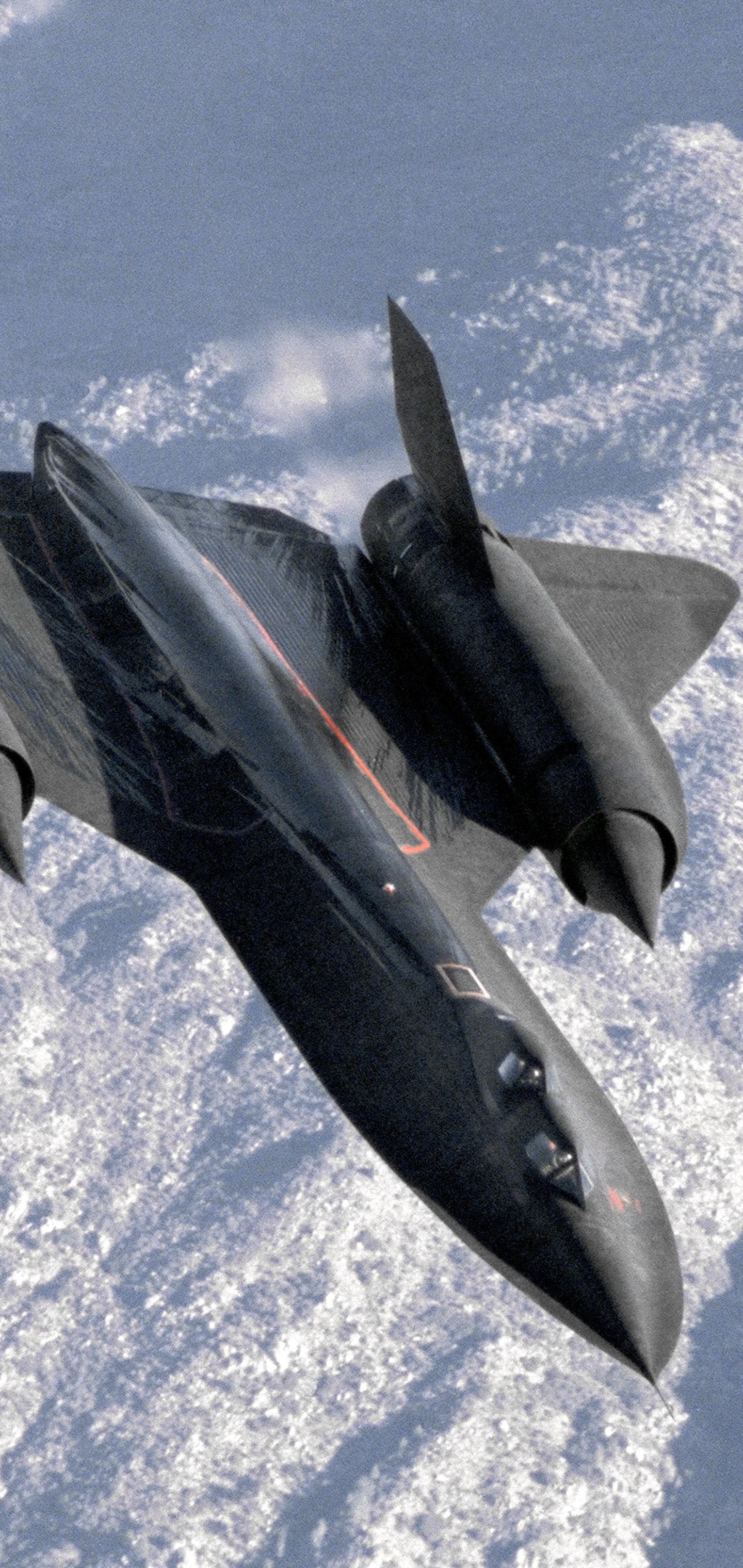 Phone wallpaper of a Lockheed SR-71 Blackbird military reconnaissance jet soaring above cloud-covered Earth, its sleek black fuselage and twin-engine nacelles visible.
